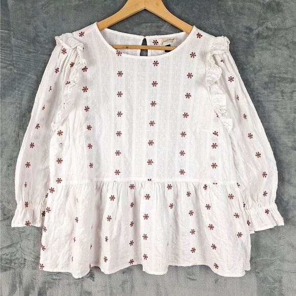 Womens Top Large Cottagecore Eyelet Boho Prairie Peasant Ruffles Embroidered - Picture 1 of 8